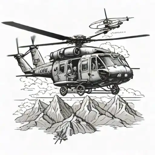 A Blackhawk helicopter flying over a mountain range with a Brazilian Jui Jitsu black belt wrapped around it tattoo design idea