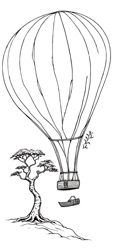 black white big five,acacia tree baobab tree, hot air balloonmassai stile tattoo tattoo design idea