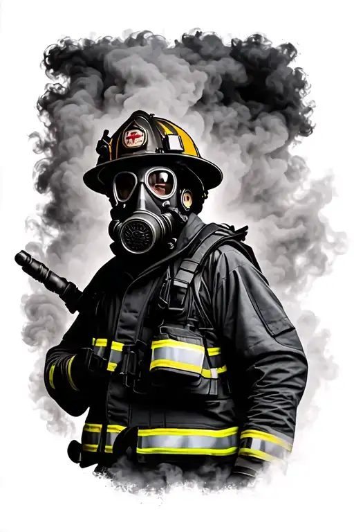 Black and grey silhouette of firefighter in gas mask and turnout gear, set in smoky background. Fine detail in smoke. tattoo design idea
