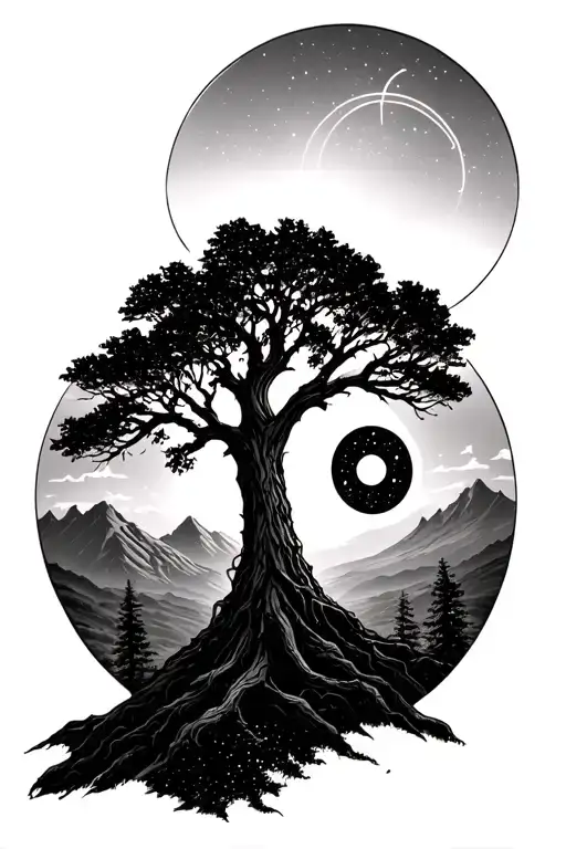 semicolon hidden in an oak tree with a mountain and sunrise in the background, the north star in the sky tattoo design idea