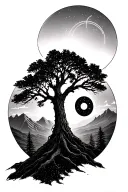 semicolon hidden in an oak tree with a mountain and sunrise in the background, the north star in the sky tattoo design idea