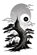 semicolon hidden in an oak tree with a mountain and sunrise in the background, the north star in the sky tattoo design idea
