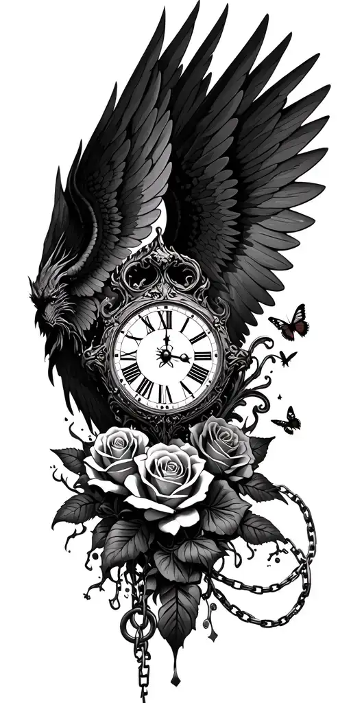 roses, clock face surrounded, angel wings, dragons, butterfly, chains, chaos star tattoo design idea
