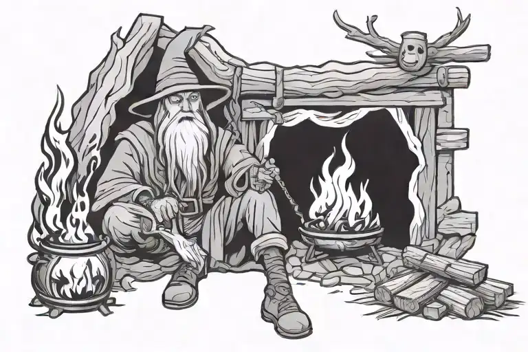 Wizard next to a camp fire tattoo design idea