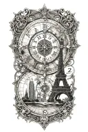 world map, compass, eiffel tower, dubai tower skyline, clock, compass tattoo design idea