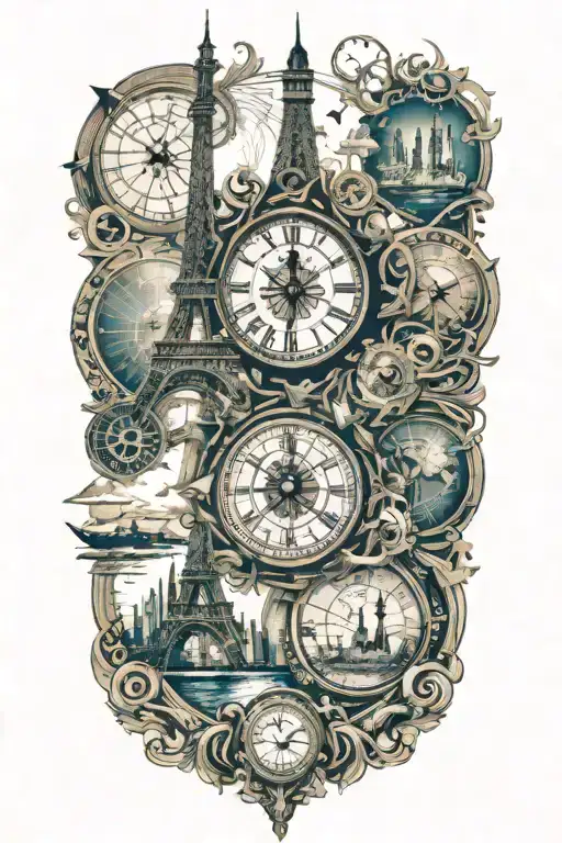 world map, compass, eiffel tower, dubai tower skyline, clock, compass tattoo design idea