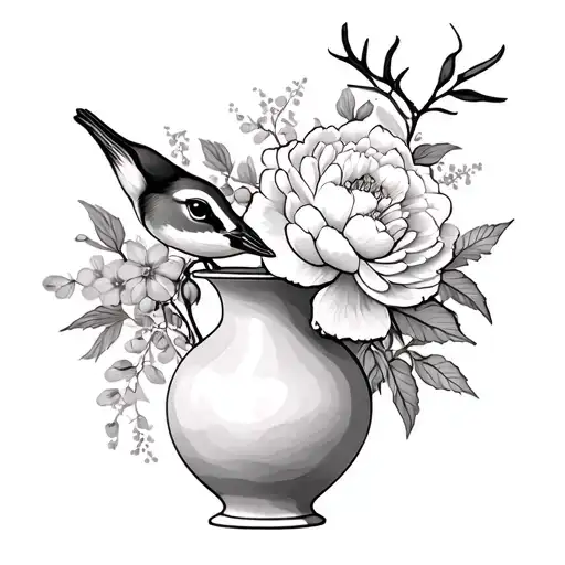 A vase with a doe represented a little broken with a peony flower, a thrush and a glycine flowers tattoo design idea