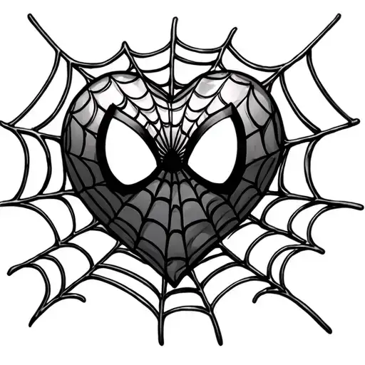 Centerpiece: A heart shape made of a Spider-Man web — not super realistic, just an abstract, soft-lined heart woven with tattoo design idea