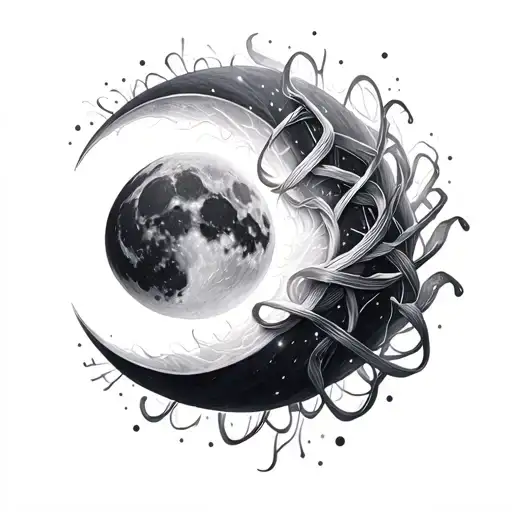 Half moon intertwined with flowing soundwaves and aurora ribbons forming a DNA-shaped spiral, a glowing subwoofer pulse  tattoo design idea