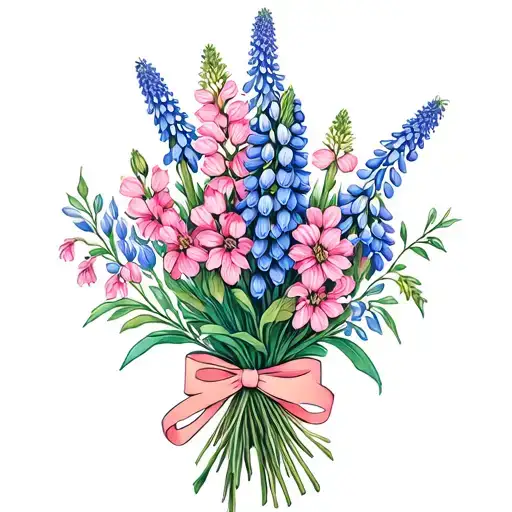 pink and blue lupins flowers in a bouquet with a ribbon tattoo design idea