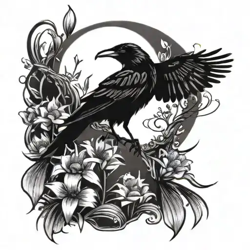 Forearm sleeve tattoo of a raven in the foreground with the berserk eclipse moon behind flying over red spider Lilies  tattoo design idea