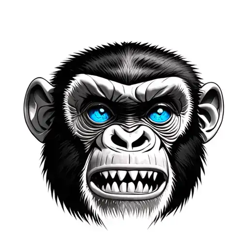 Realism Monkey Face Blue eyes evil mouth with teeth tattoo design idea