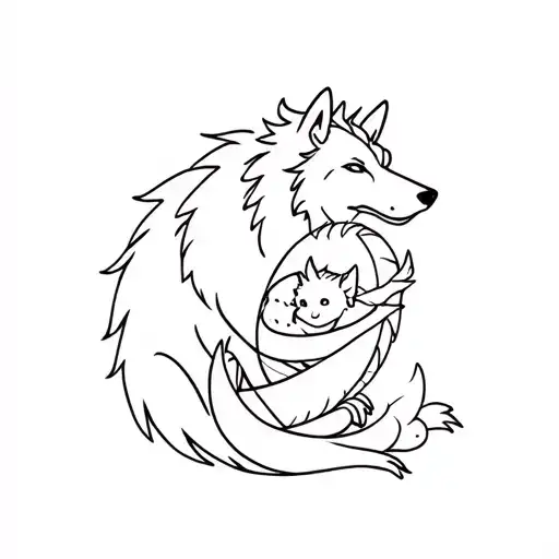 1 wolf sitting next to 1 baby dragon wrapped tattoo design idea