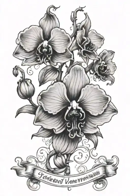 A black orchid with the text "vi veri veniversum vivus vici"  tattoo design idea