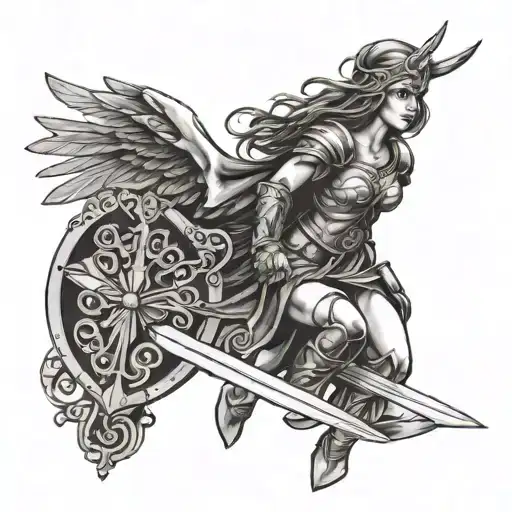 Valkyrie with shield and sword on the Rhine tattoo design idea
