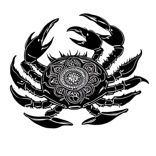 mandala crab in the center of a circle,aroumd the circle are  lotus petals in isometric tattoo design idea