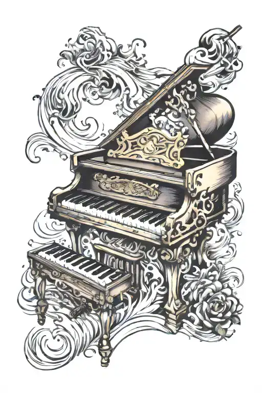 grand Piano Keyboard in a treasure chest underwater tattoo design idea