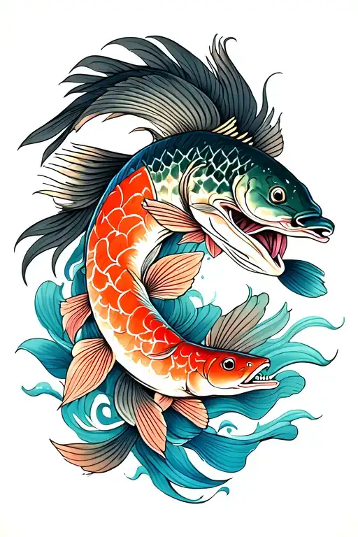 Blueblack left forearm sleeve with a salmon and redgreen right forearm sleeve with a pike tattoo design idea