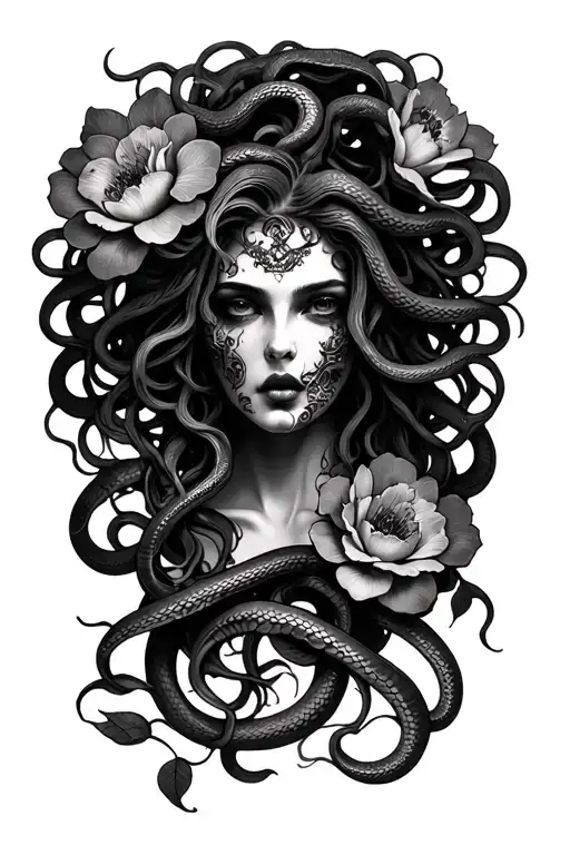 Medusa tattoo, 15 snakes, 2 flowers, her mouth sewed shut tattoo design idea