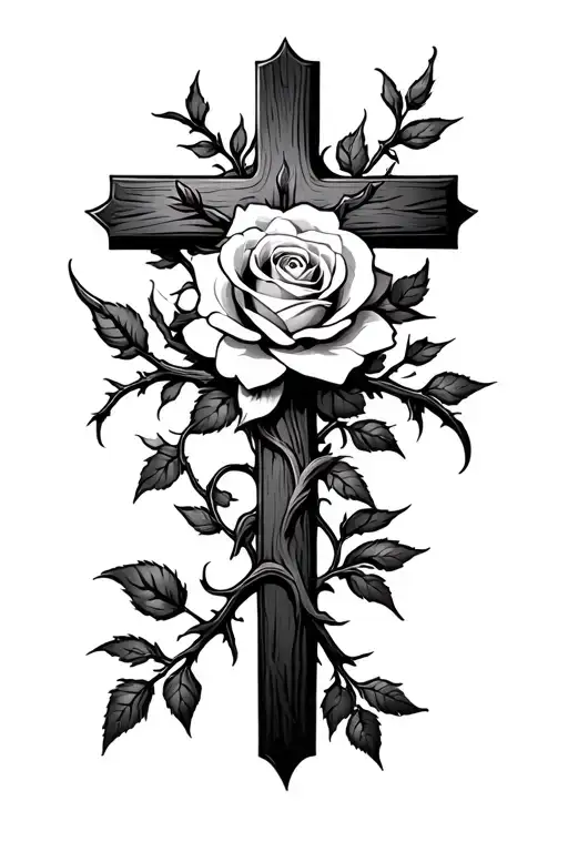 A cross with thorny vines and a blooming rose. Represents Romans 7:18's internal struggle between good an evil tattoo design idea