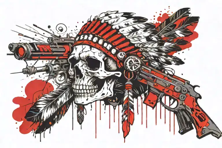 skull wearing a native American headdress made out of machine guns with a war zone in the background  tattoo design idea