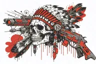 skull wearing a native American headdress made out of machine guns with a war zone in the background  tattoo design idea