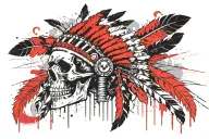skull wearing a native American headdress made out of machine guns with a war zone in the background  tattoo design idea