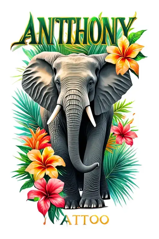 "Anthony" Tropical flowers and an elephant standing tattoo design idea
