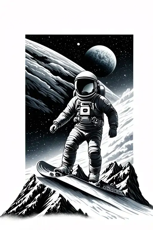 mountain range with a snowboarding astronaut floating in space tattoo design idea