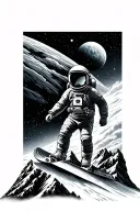 mountain range with a snowboarding astronaut floating in space tattoo design idea