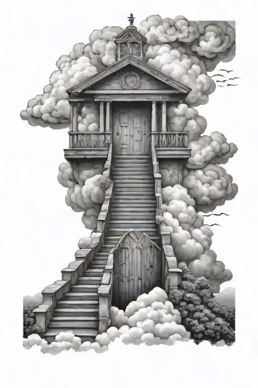 realistic stairway to heaven with clouds and an open gate at the top tattoo design idea
