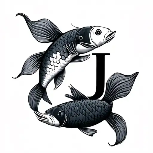 two koi fish with letter j minimalist tattoo design idea