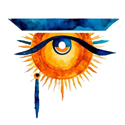 eye of ra and egyptian sun with blue and orange color tattoo design idea