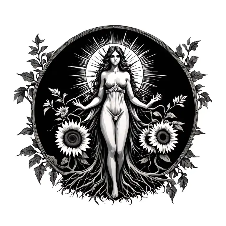 Feminine divine figure, standing tall with radiant sun, roots, 3 sunflowers, flowers vines roots vertical design  tattoo design idea