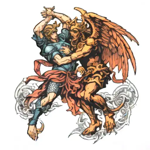 Saint Micheal and the devil fighting each other tattoo design idea
