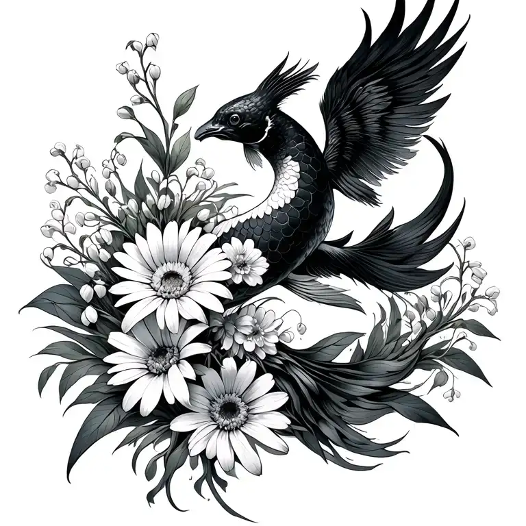  out of water black white koi Transformung into phoenix, bouquet with an aster, a daisy, a lily of the valley tattoo design idea