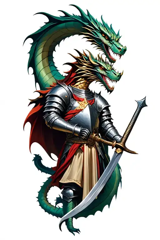 dragon and knight holding a sword tattoo design idea