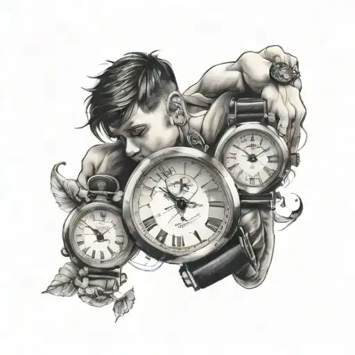a boy with a 3 three watches hanging with dates and times tattoo design idea