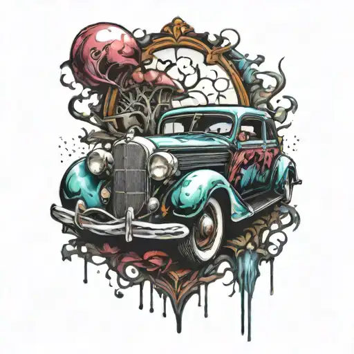 stained class heart shattering with old car coming out tattoo design idea