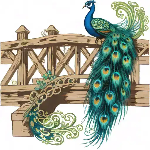 wooden bridge with peacock feather intertwined tattoo design idea