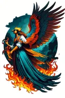 guardian angel and rising pheonix rising from lava tattoo design idea