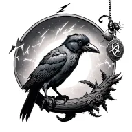 Realistic rook bird with a lightning bug on its beak and a Raidho rune pendant wrapped around its leg tattoo design idea