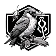 Realistic rook bird with a lightning bug on its beak and a Raidho rune pendant wrapped around its leg tattoo design idea