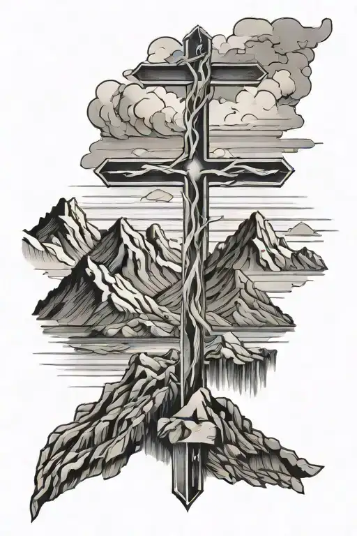 cross with mountains inside tattoo design idea
