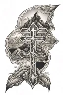 cross with mountains inside tattoo design idea