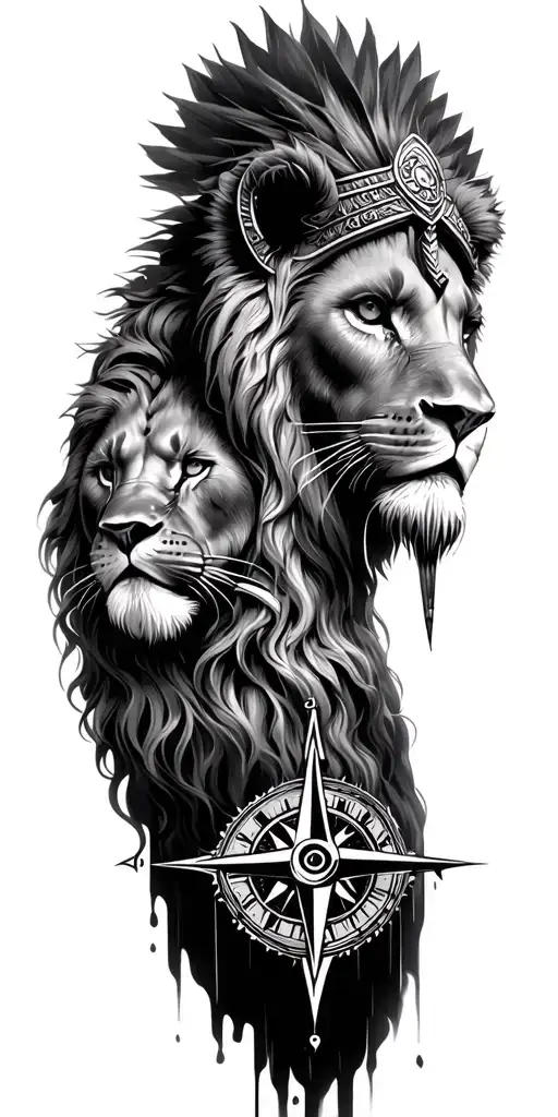 lion and African Warrior and compass surrounded my rain tattoo design idea