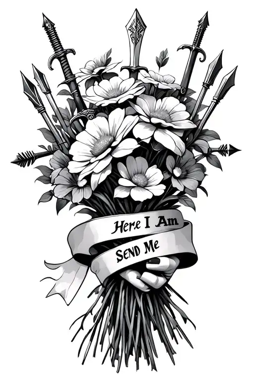 a bouquet of swords and arrows are blooming from a hand, where the ribbon around the bouquet says "Here I Am, Send Me" tattoo design idea