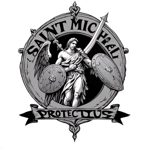 "Saint Michael Protect us" Saint Michael with shield and sword going tattoo design idea