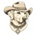 older golden female Labrador with a cowgirl hat on and collar and western theme tattoo design idea