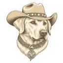 older golden female Labrador with a cowgirl hat on and collar and western theme tattoo design idea